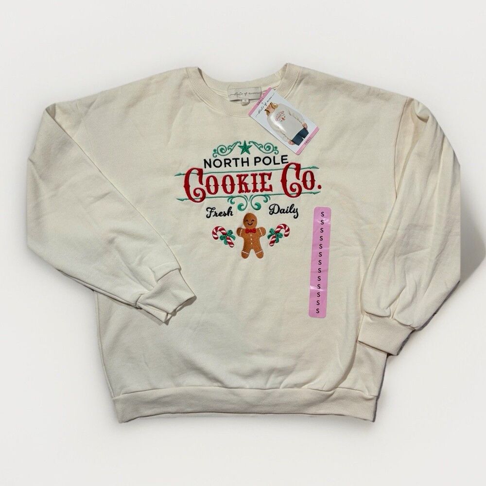 State of Mine Cream Crewneck Christmas Relaxed Sweatshirt Small NWT Embroidered￼